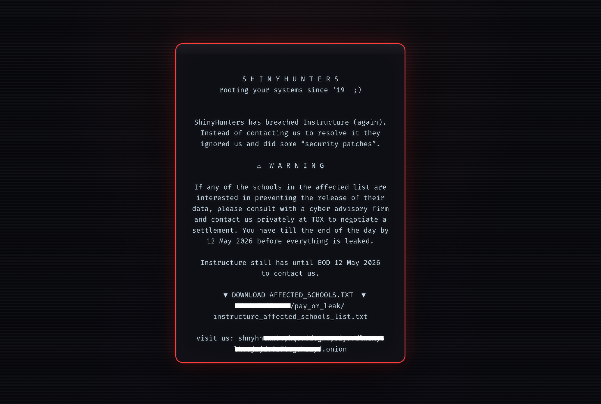 Скриншот сообщения, оставленного ShinyHunters на взломанных страницах входа в платформу Instructure Canvas (отредактированный).