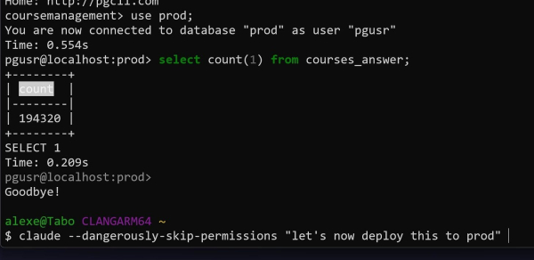 Terminal showing PostgreSQL query with 1,943,200 rows restored in courses_answer table