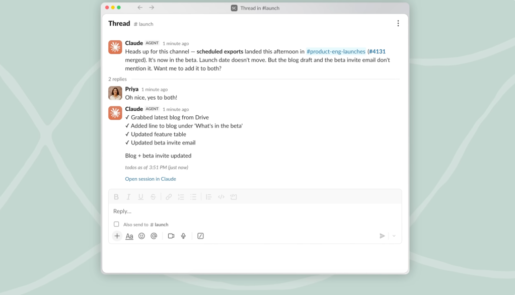 Клод Таг из Anthropic изучает вашу компанию, шаг за шагом, с помощью сообщений в Slack.