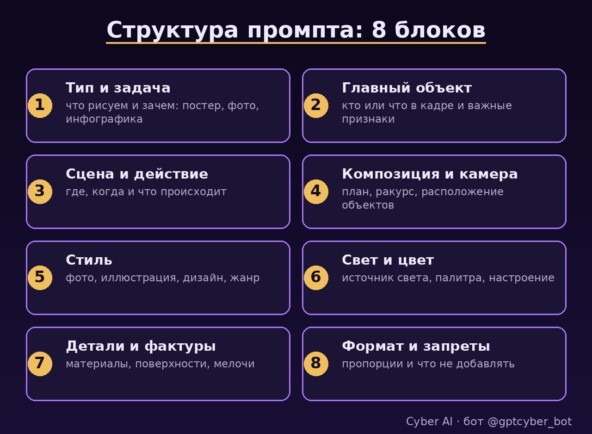 Структура промпта для генерации картинок: 8 блоков