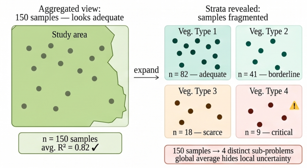 Illustration - Distribution of samples by vegetation stratum, revealing well represented, borderline, scarce, and critical classes. Image by author. 