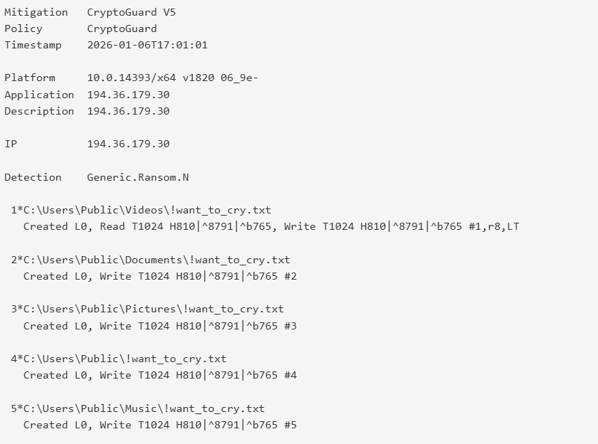 Скриншот обнаружения уязвимости WantToCry программой CryptoGuard на устройстве с именованным WIN-J9D866ESIJ2.
