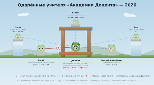 Сеть фигурантов «Академии Доцента» 2026: один человек с четырьмя ролями в центре, муж и коллеги вокруг.