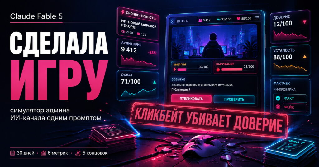 Я попросила Claude Fable 5 сделать игру одним промптом. Получился симулятор админа ИИ-канала