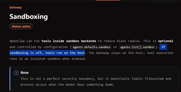 Информация про права агента OpenClaw. Подробнее здесь https://docs.openclaw.ai/gateway/sandboxing