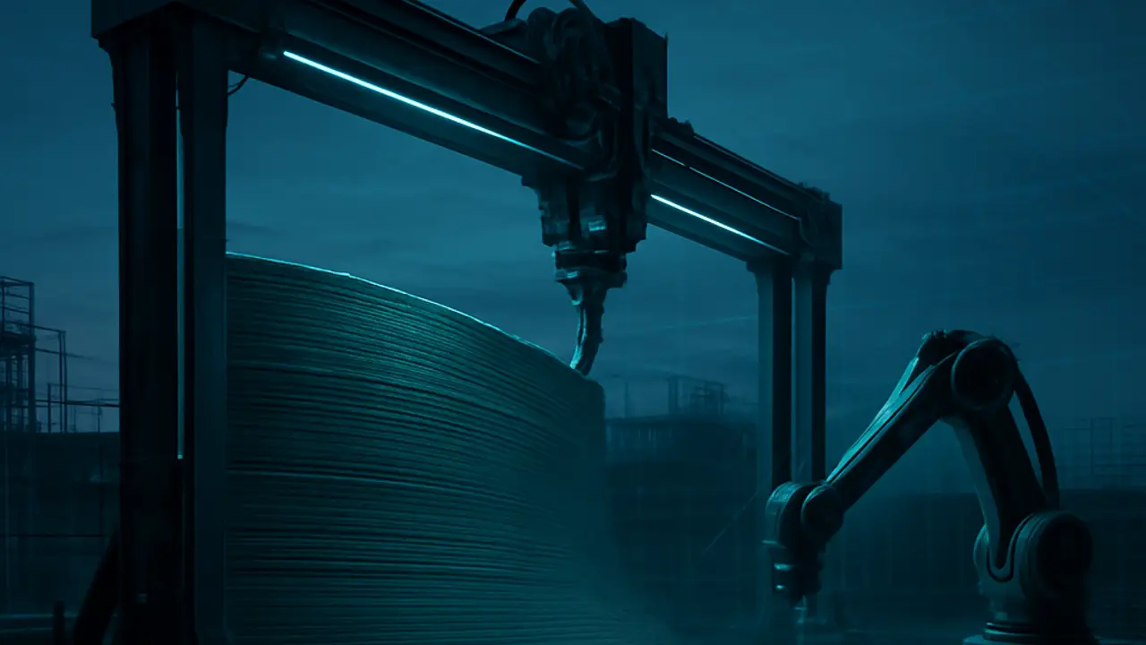 футуристическая стройплощадка: портальный 3D-принтер печатает стену здания рядом с роботизированной рукой