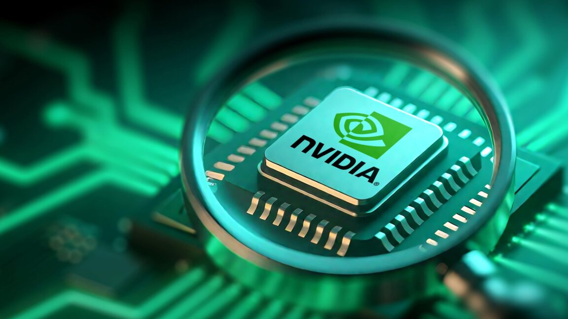 Фотоиллюстрация, на которой чип Nvidia виден через увеличительное стекло.