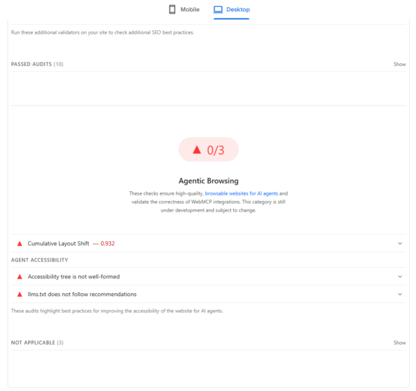 Google начал проверять сайты «на готовность к ИИ-агентам». Многие видят красное 0/3 и паникуют — зря