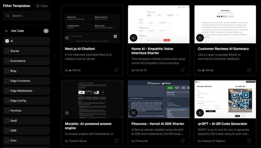 Vercel TemplatesAI — маленький сайт с огромным количеством ИИ Vercel... 1 ИдеиPRO