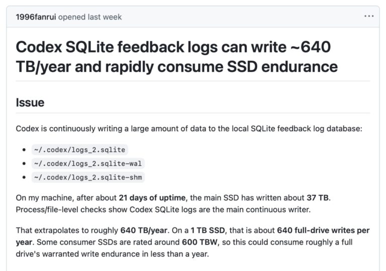 Codex может ускорить износ SSD — из-за бага агент иногда…