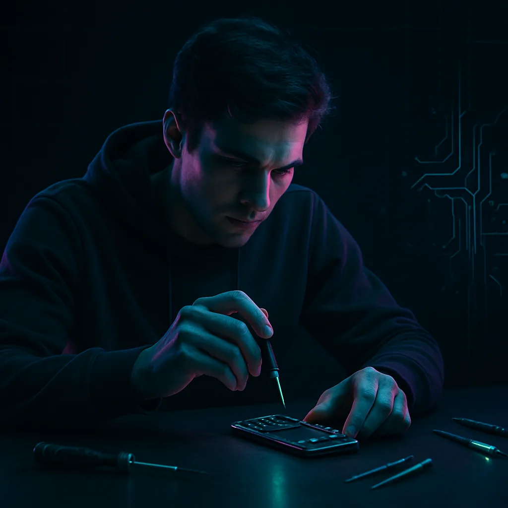 Мастер ремонтирует смартфон прецизионными инструментами прямо на дому у клиента в неоновой подсветке