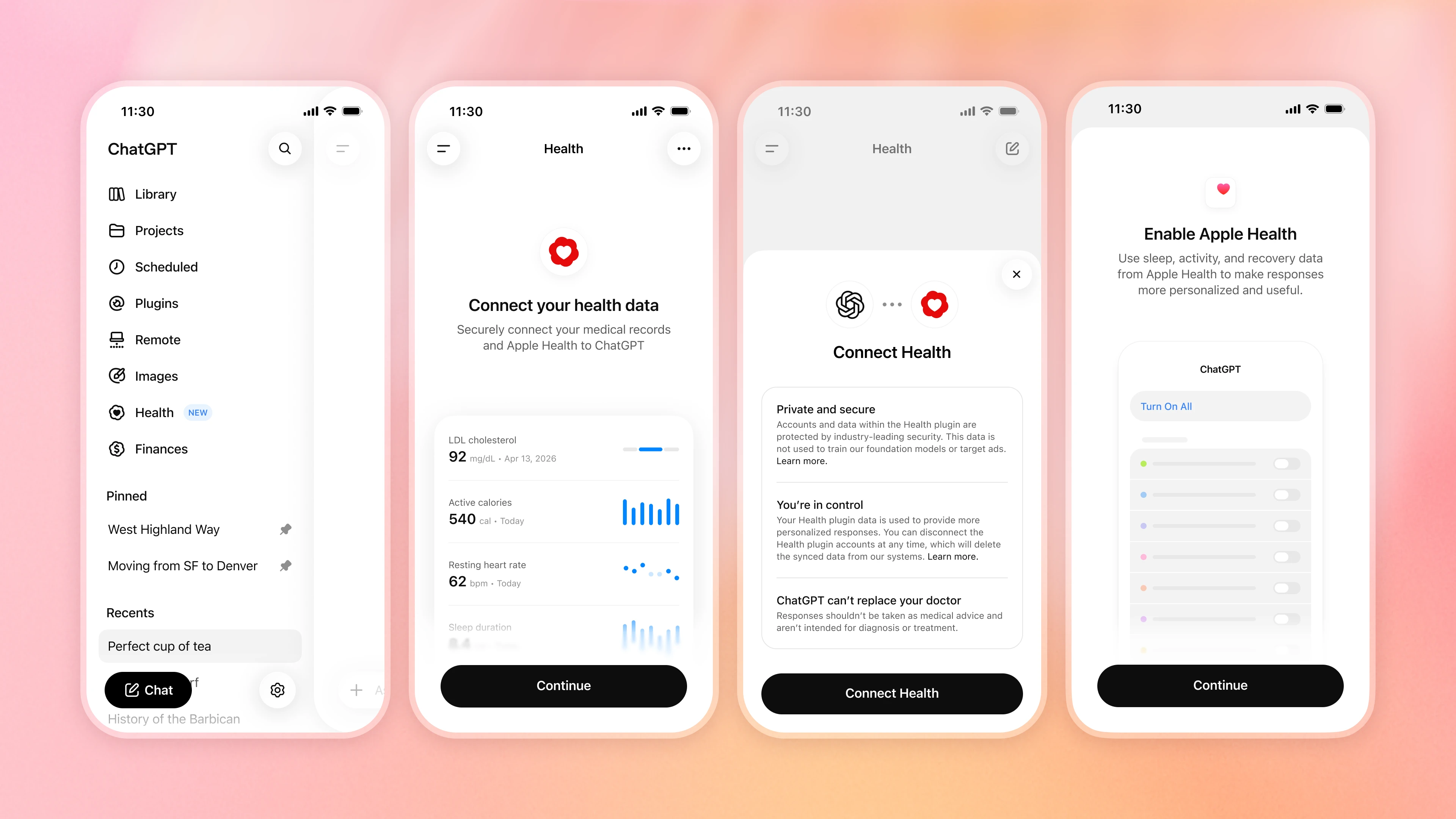 Четыре макета мобильных телефонов, демонстрирующие процесс настройки ChatGPT Health: выбор пункта «Здоровье» на боковой панели, подключение данных о здоровье, ознакомление с информацией о конфиденциальности и включение Apple Health.
