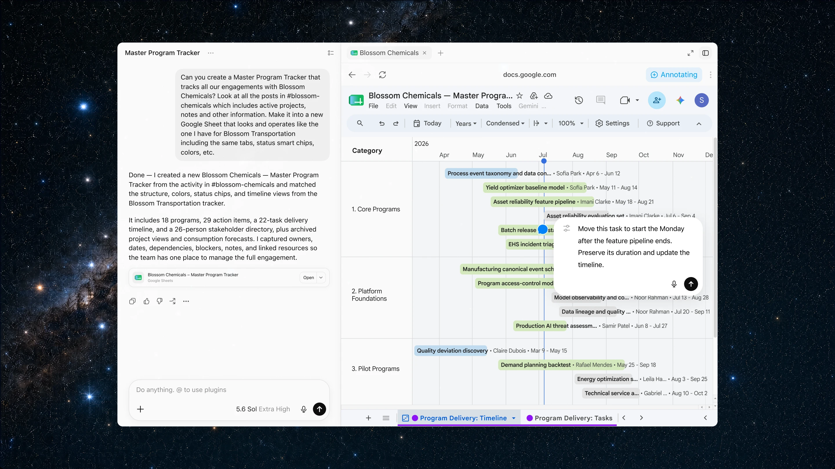ChatGPT теперь является партнером для ваших самых амбициозных проектов | OpenAI 7 ChatGPT Work создает и редактирует основной план отслеживания задач в Google Sheets, включающий временные рамки и задачи.