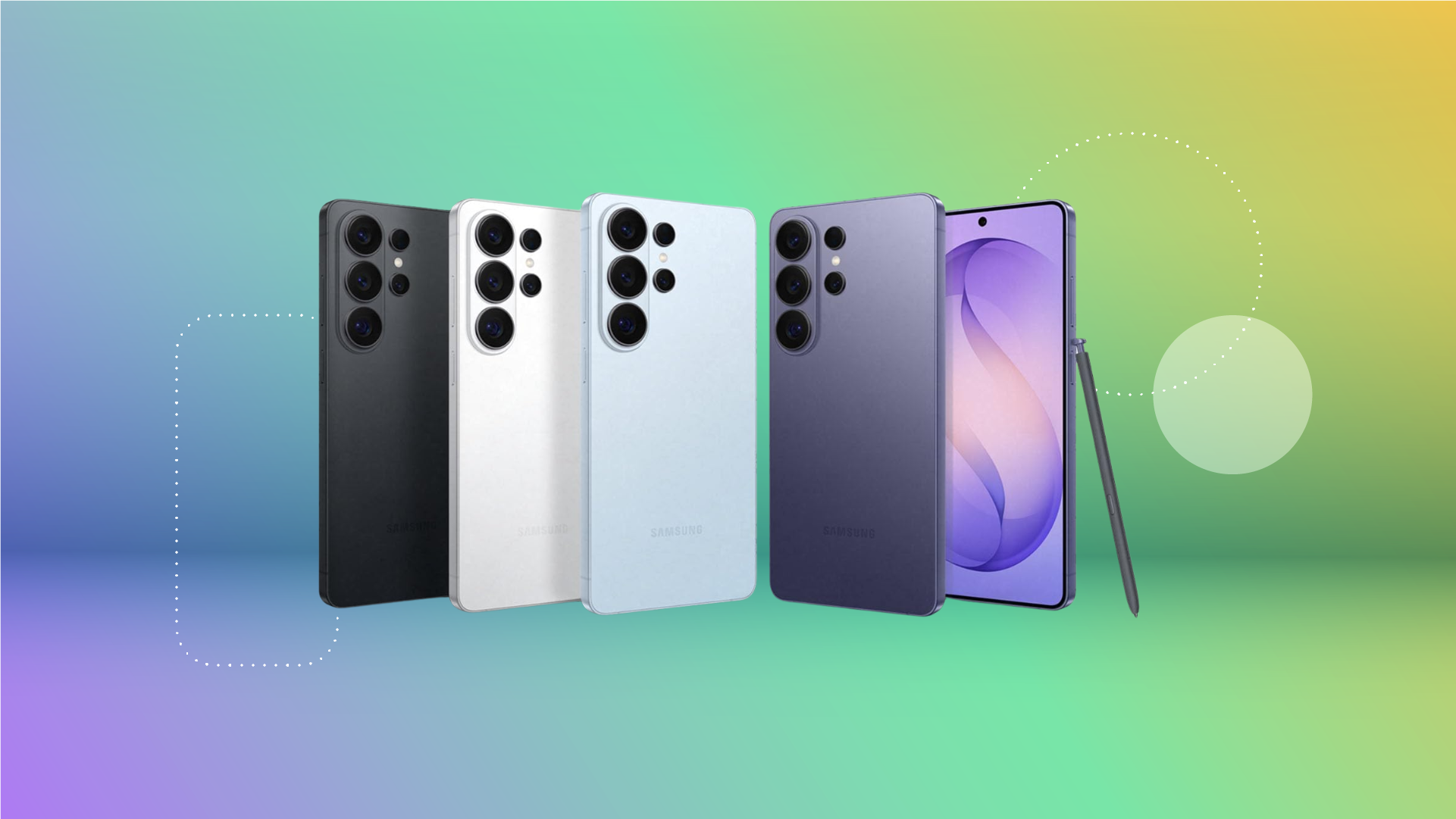 Смартфоны Samsung Galaxy S26 Ultra на фиолетово-зеленом фоне (CNET)