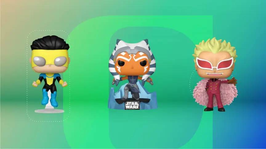 Три фигурки Funko на зеленом градиентном фоне (CNET).