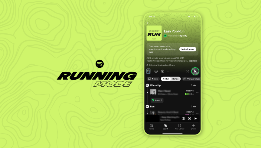 Рекламный рисунок для Spotify Running Mode, демонстрирующий плейлист Easy Pop Run на смартфоне на ярко-зеленом фоне.