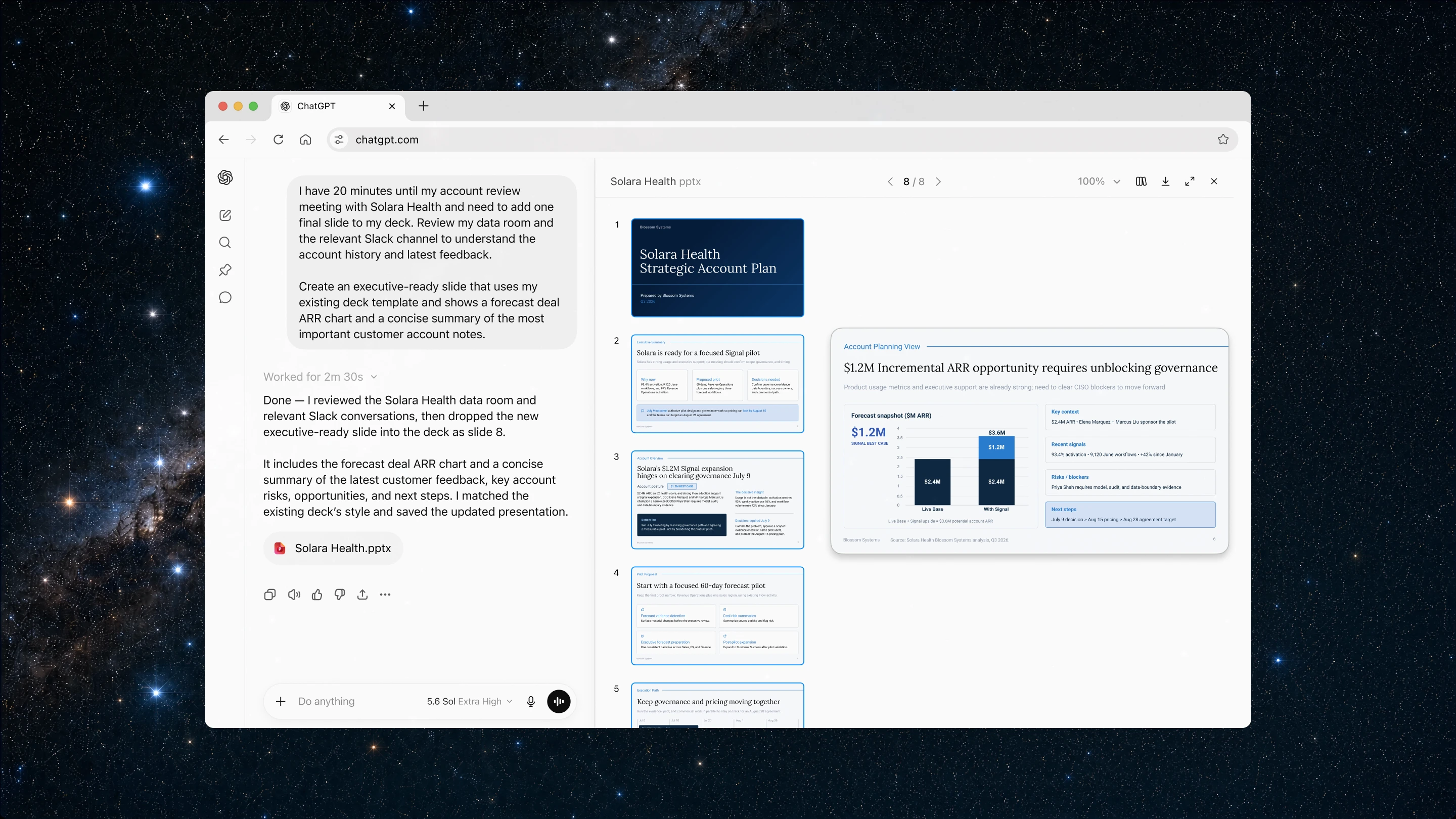 ChatGPT теперь является партнером для ваших самых амбициозных проектов | OpenAI 4 В ChatGPT Work обновлена презентация по стратегическому плану работы с ключевыми клиентами после анализа данных из виртуальной комнаты данных клиента и переписки в Slack.
