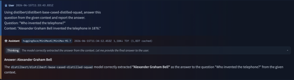 A run rendered in the Hub's agent-traces viewer: MiniMax-M2.7 on the answer-question task