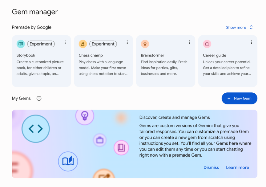 Скриншот менеджера Gem в Google Gemini