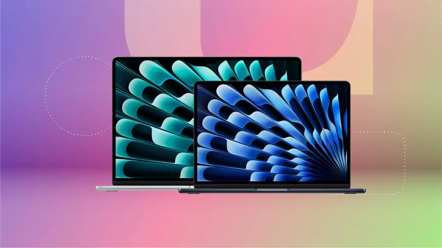 Два открытых MacBook на фоне градиента CNET в фиолетово-розово-зеленых тонах.