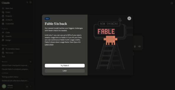 Модель Fable 5 будет доступна в платных тарифах до 7 июля 2026 года — на модель можно потратить 50% недельного лимита