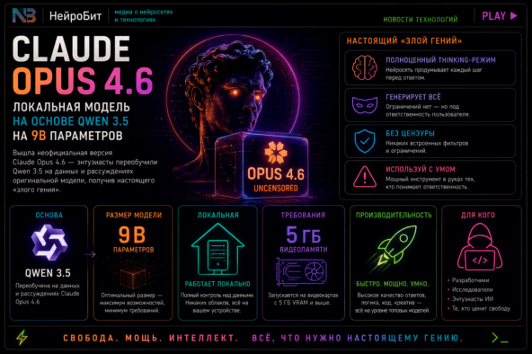 Claude Opus 4.6 — бесплатная, локальная модель без цензуры на основе Qwen 3.5. Пробуем по ссылке