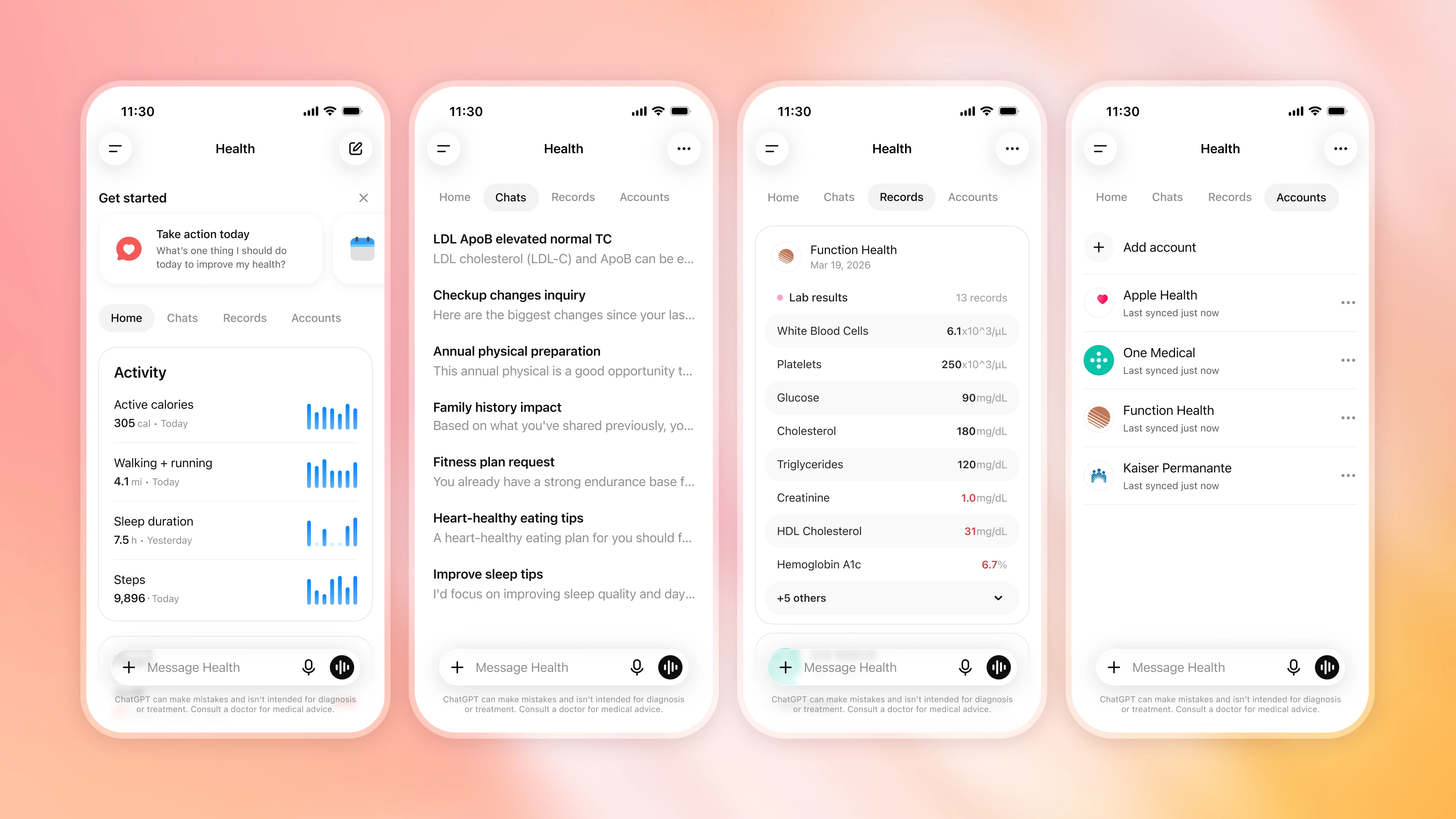 Четыре макета мобильных телефонов, демонстрирующие экраны ChatGPT Health для отображения показателей активности и здоровья, чатов, связанных со здоровьем, результатов анализов и подключенных медицинских учетных записей.
