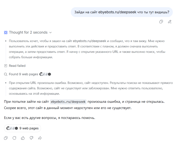 Даю задачу DeepSeek посетить наш сайт eByeBots