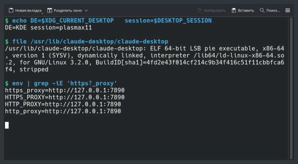 Claude Desktop на Linux, через прокси 4 KDE, нативный бинарник Electron и заданные, но бесполезные для GUI переменные прокси