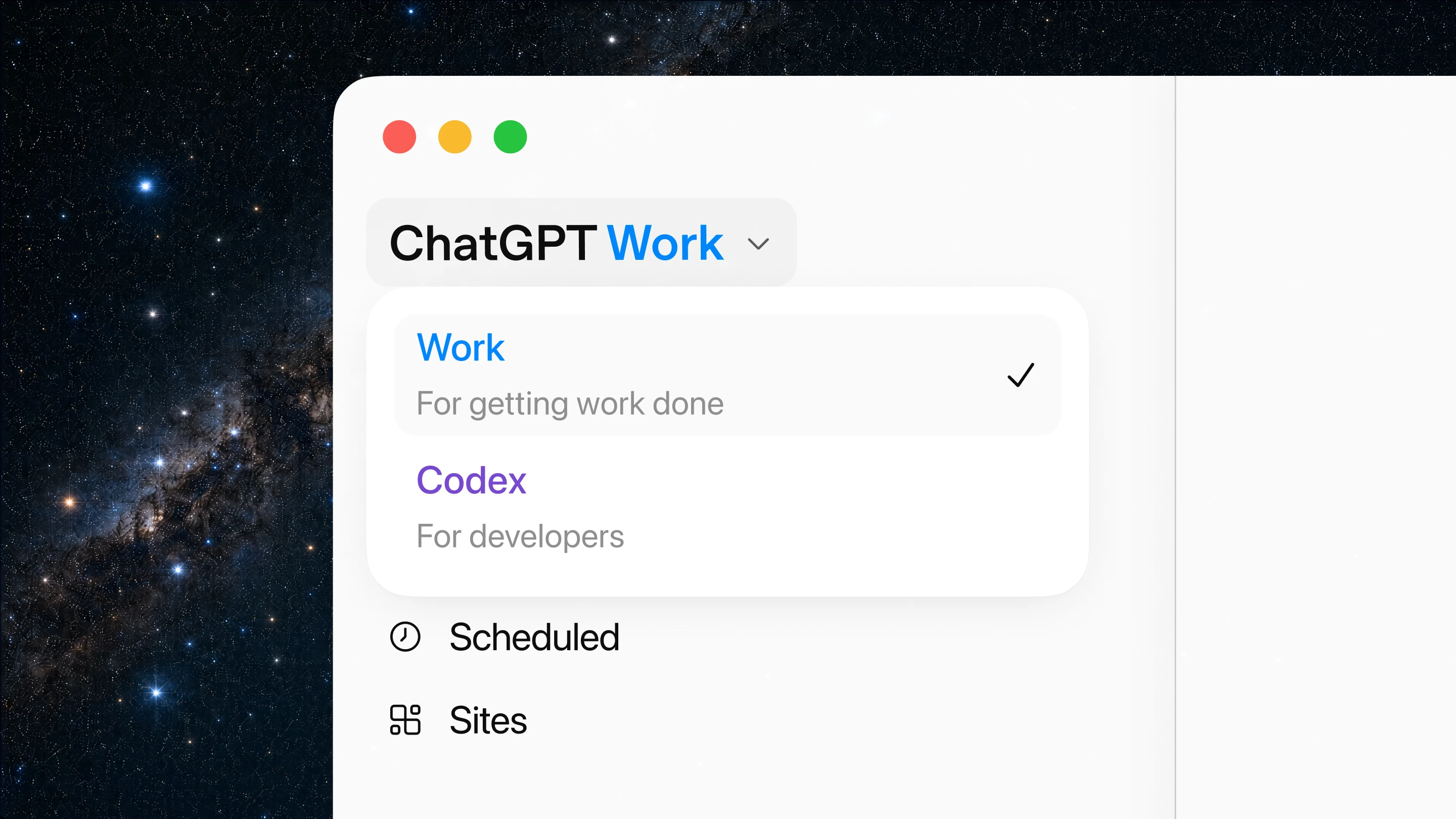 ChatGPT теперь является партнером для ваших самых амбициозных проектов | OpenAI 2 Меню настольного приложения ChatGPT, в котором над пунктами «Кодекс», «Запланированные» и «Сайты» выбран пункт «Работа».