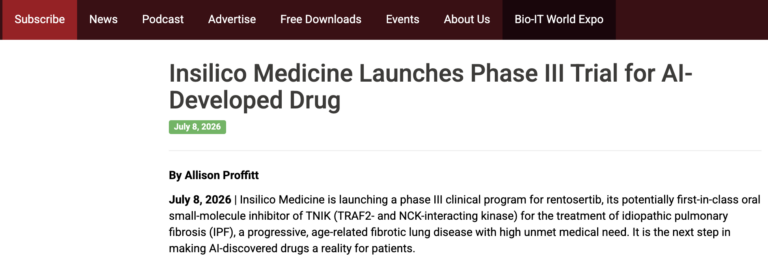 Компания Insilico Medicine начала III фазу клинических испытаний препарата, разработанного с использованием искусственного интеллекта.
