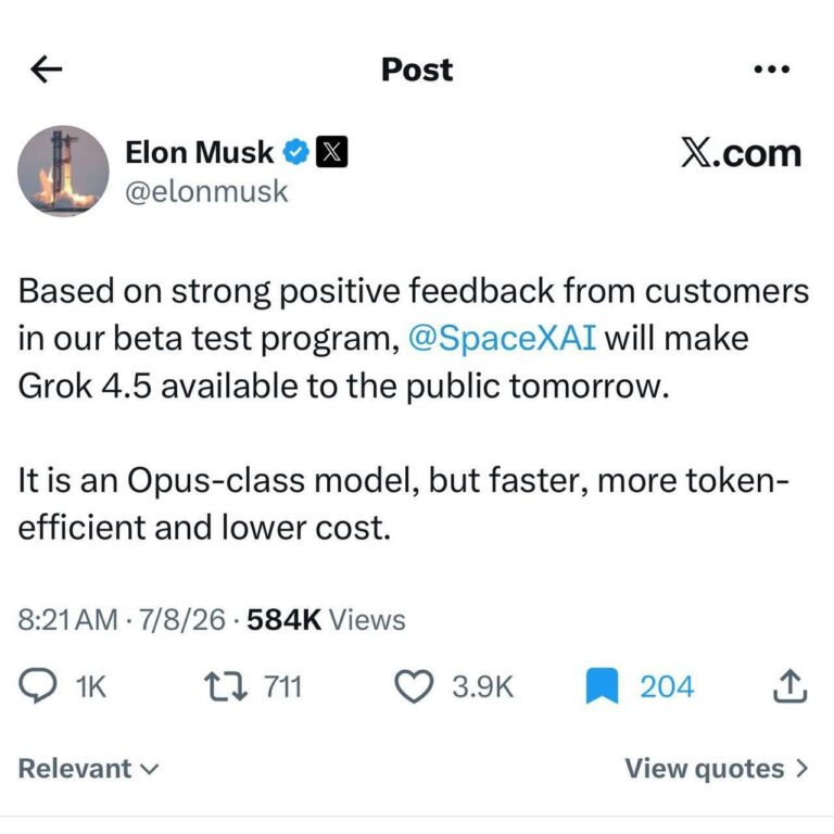 Сегодня выйдет grok 4.5 Это модель класса Opus, но более…