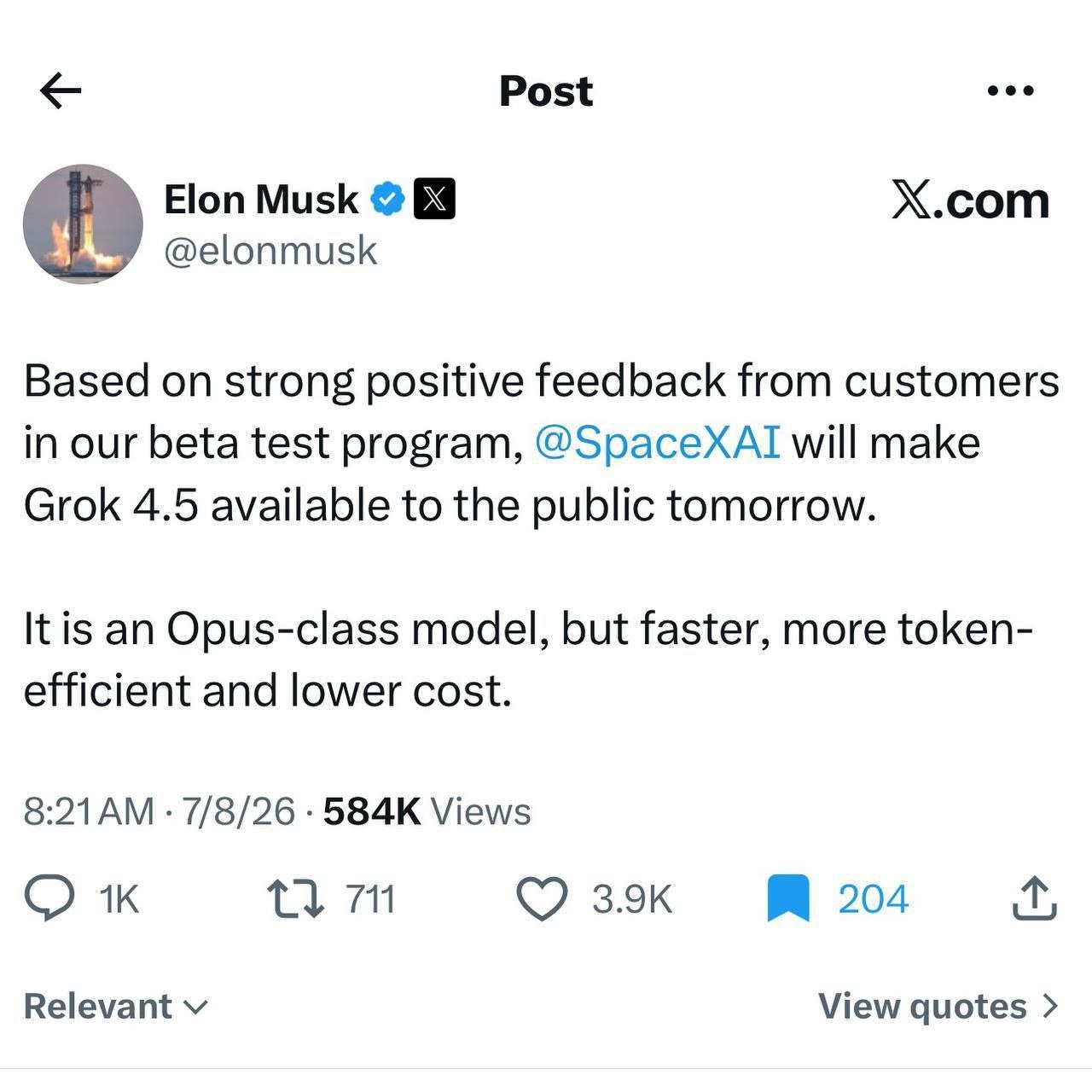 Сегодня выйдет grok 4.5 Это модель класса Opus, но более…