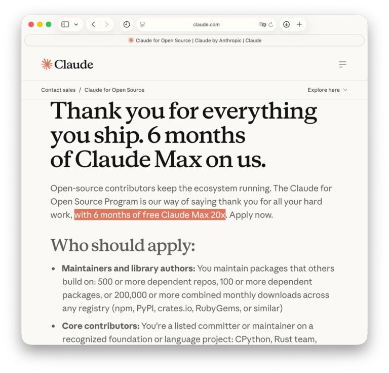 Anthropic бесплатно раздают подписку Claude Max 20x на полгода опенсорс-разработчикам……