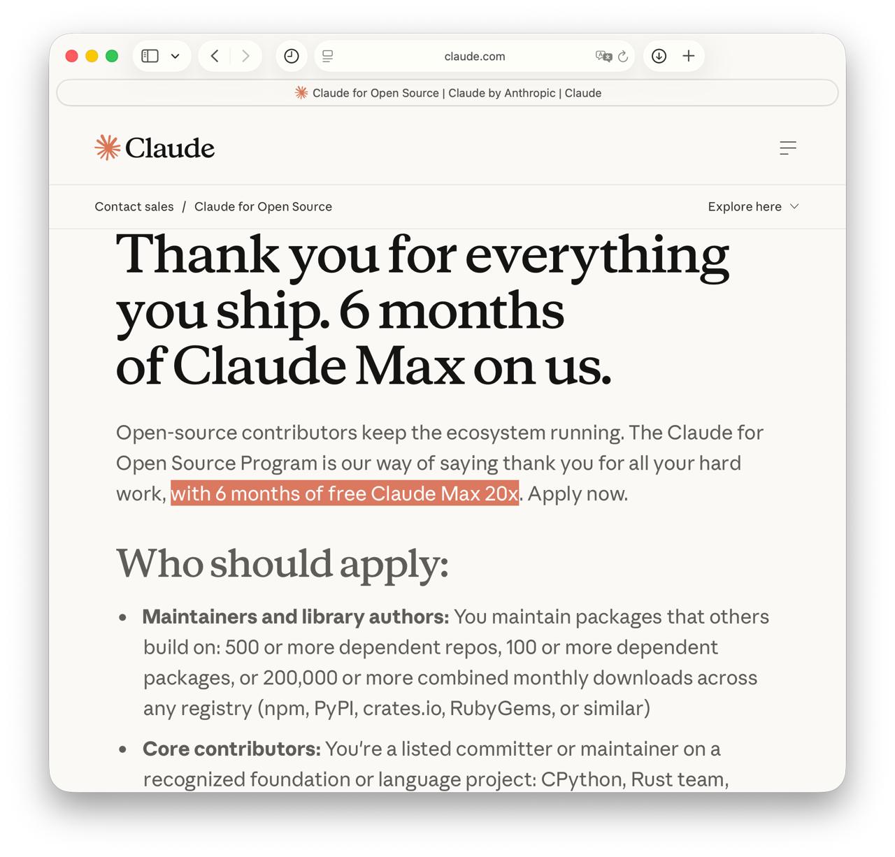 Anthropic бесплатно раздают подписку Claude Max 20x на полгода опенсорс-разработчикам……