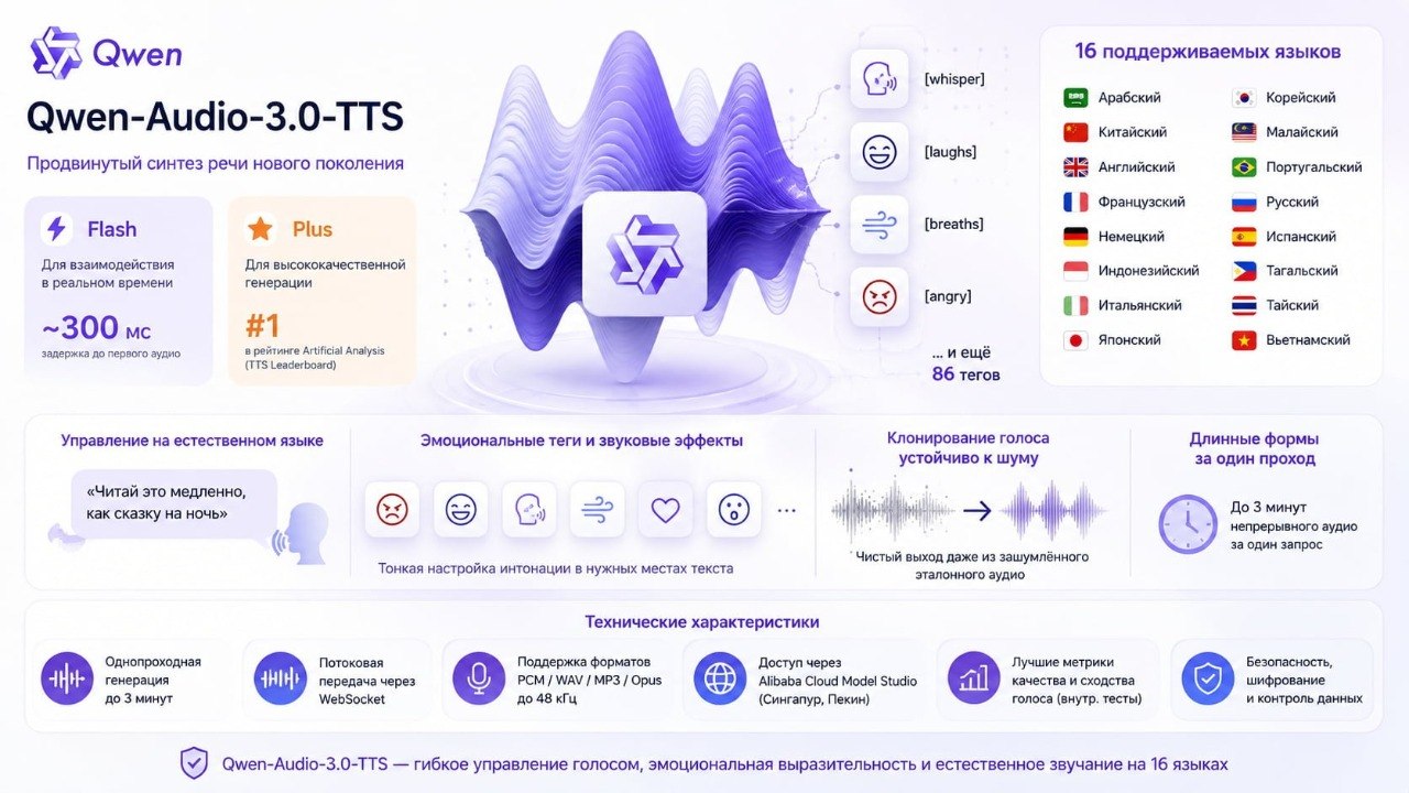 Alibaba представила мощный движок синтеза речи Qwen-Audio-3.0-TTS Команда Qwen выпустила…