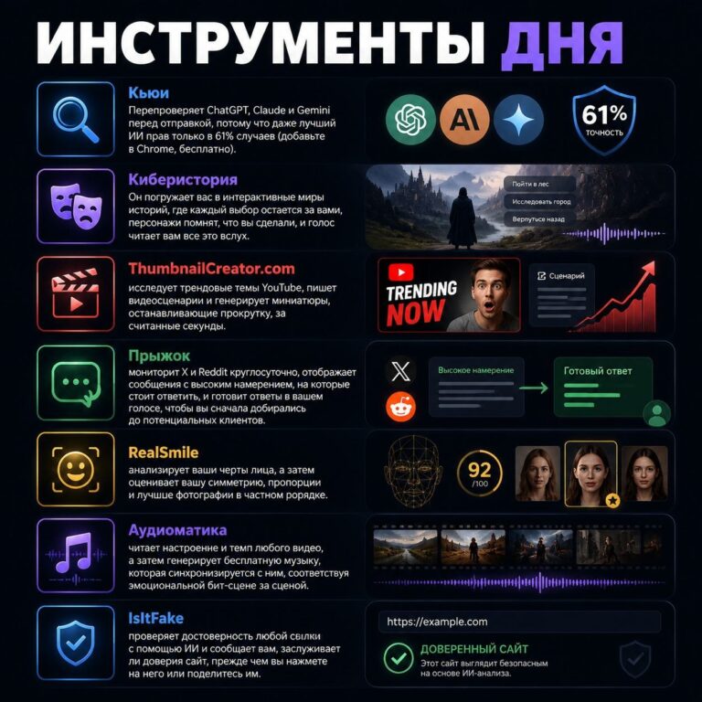 Инструменты дня 🔍 Кьюи Перепроверяет ChatGPT, Claude и Gemini перед отправкой, потому…