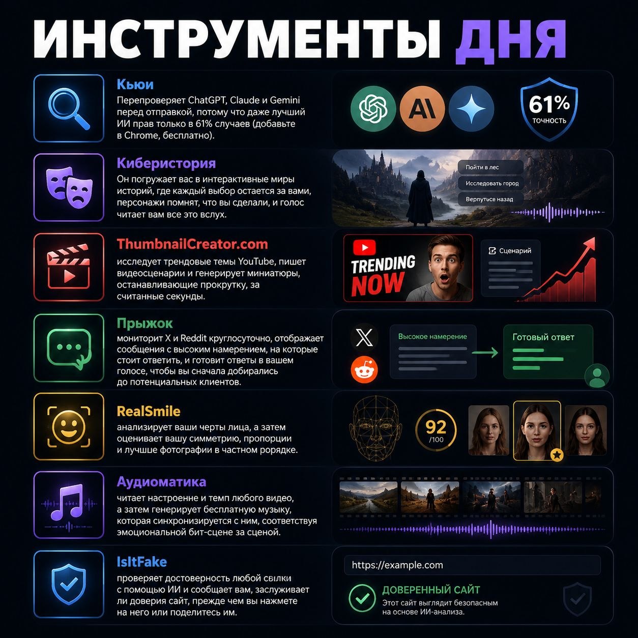 Инструменты дня 🔍 Кьюи Перепроверяет ChatGPT, Claude и Gemini перед отправкой, потому…