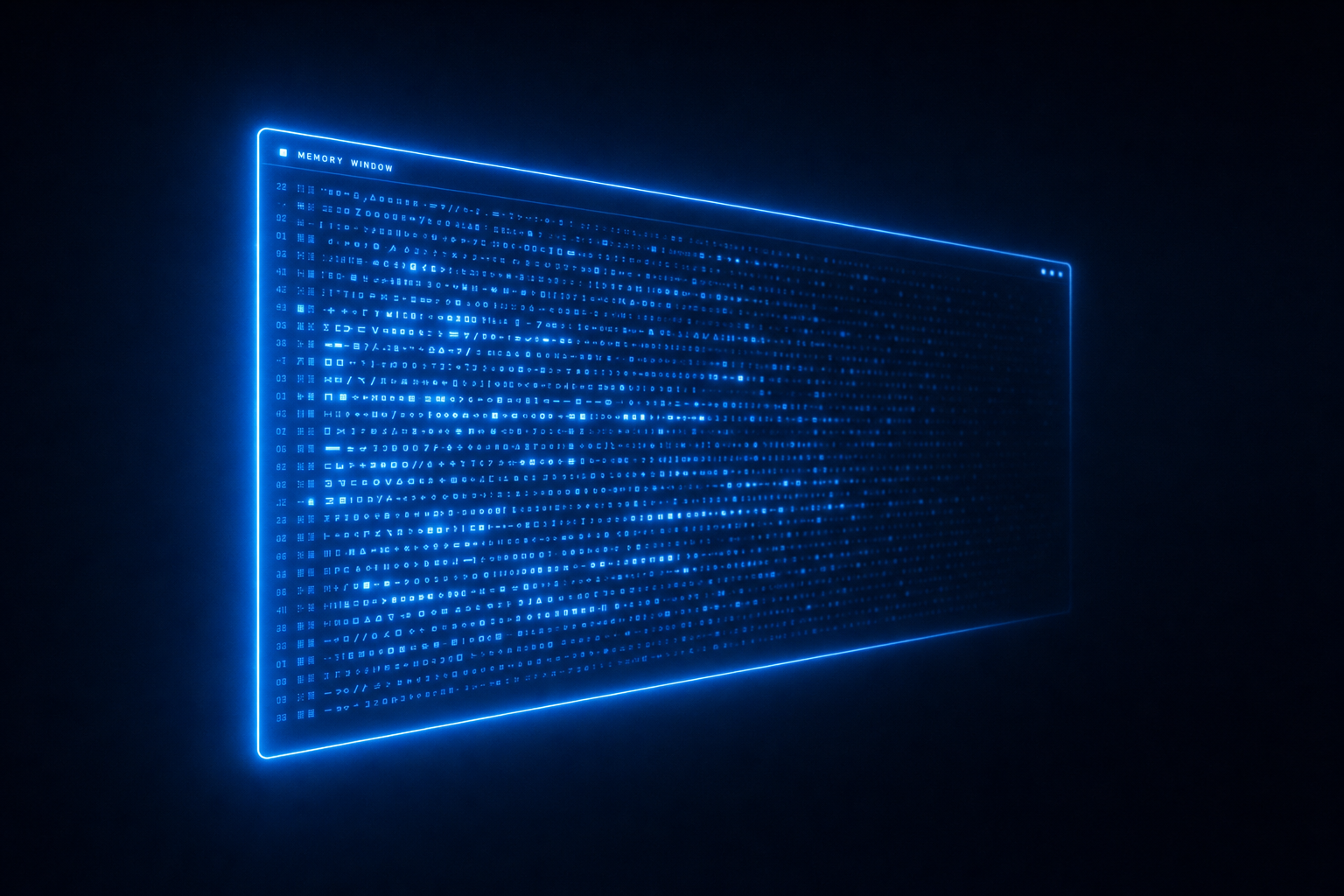 Светящееся окно с текстом в темноте — метафора контекстного окна и отсутствия памяти у нейросети