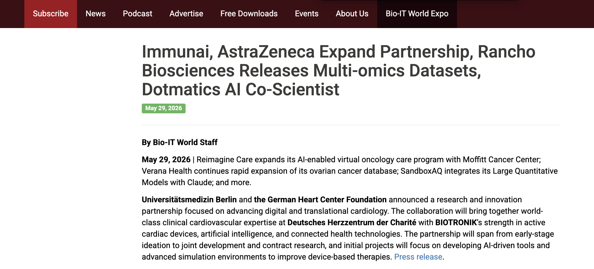 Immunai и AstraZeneca расширяют партнерство, Rancho Biosciences публикует мультиомические наборы данных, Dotmatics — соавтор проекта в области искусственного интеллекта.