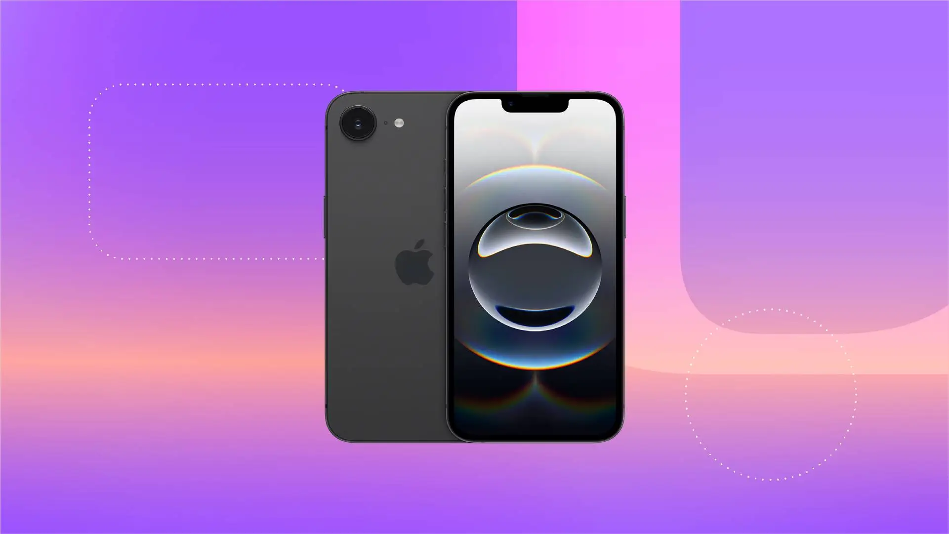 Черный iPhone 16E на фоне фиолетового градиента от CNET.
