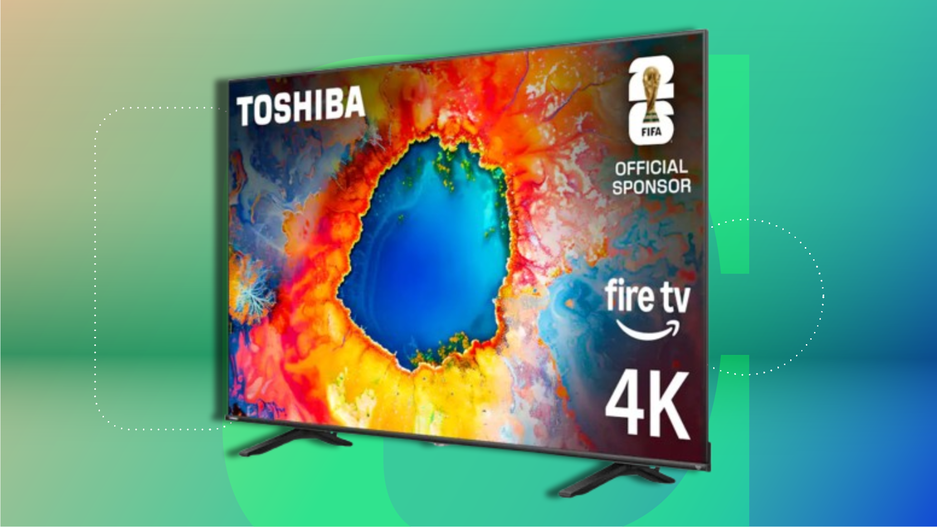 75-дюймовый телевизор Toshiba на фоне коммерческой тематики CNET.