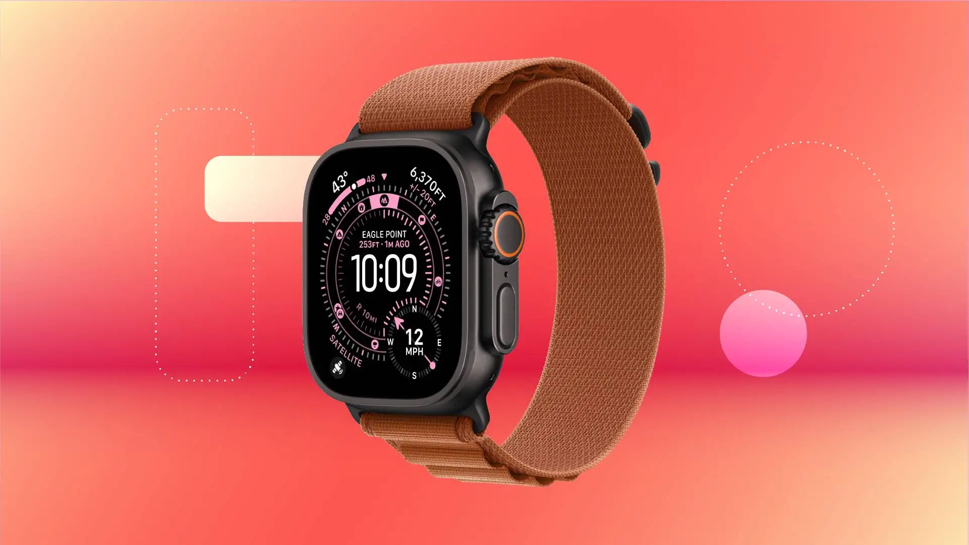 Черные смарт-часы Apple с коричневым ремешком на красном градиентном фоне CNET.