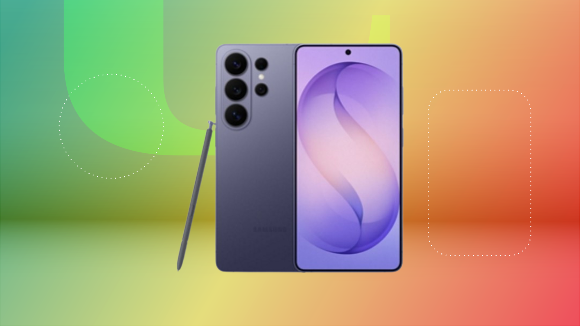 Черный Samsung Galaxy S26 с S-pen на зеленом, желтом и красном фоне CNET.