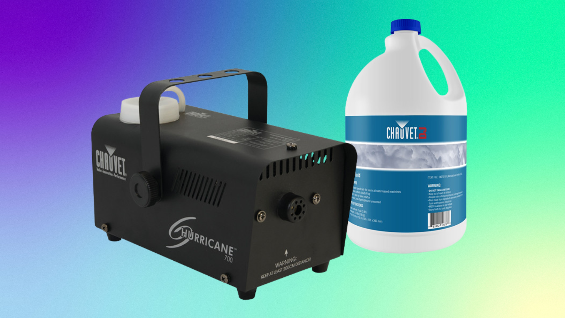 На сине-зеленом фоне изображен комплект дымовой машины Chauvet DJ Hurricane 700.