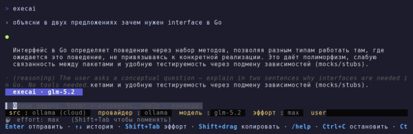 GLM-5.2 через Ollama Cloud отвечает на вопрос про interface в Go — виден reasoning