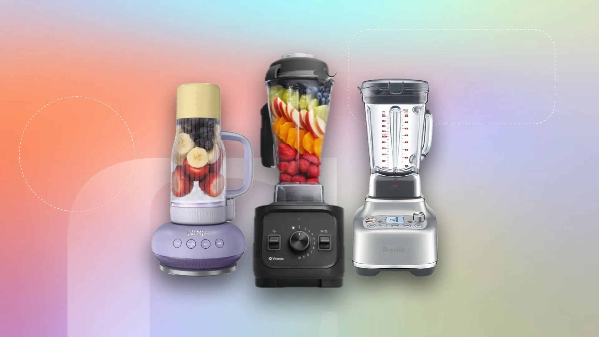 Прежде чем тратить 500 долларов на блендер Vitamix, рассмотрите эту более дешевую модель. Она работает так же хорошо. 3 Три блендера на градиентном фоне
