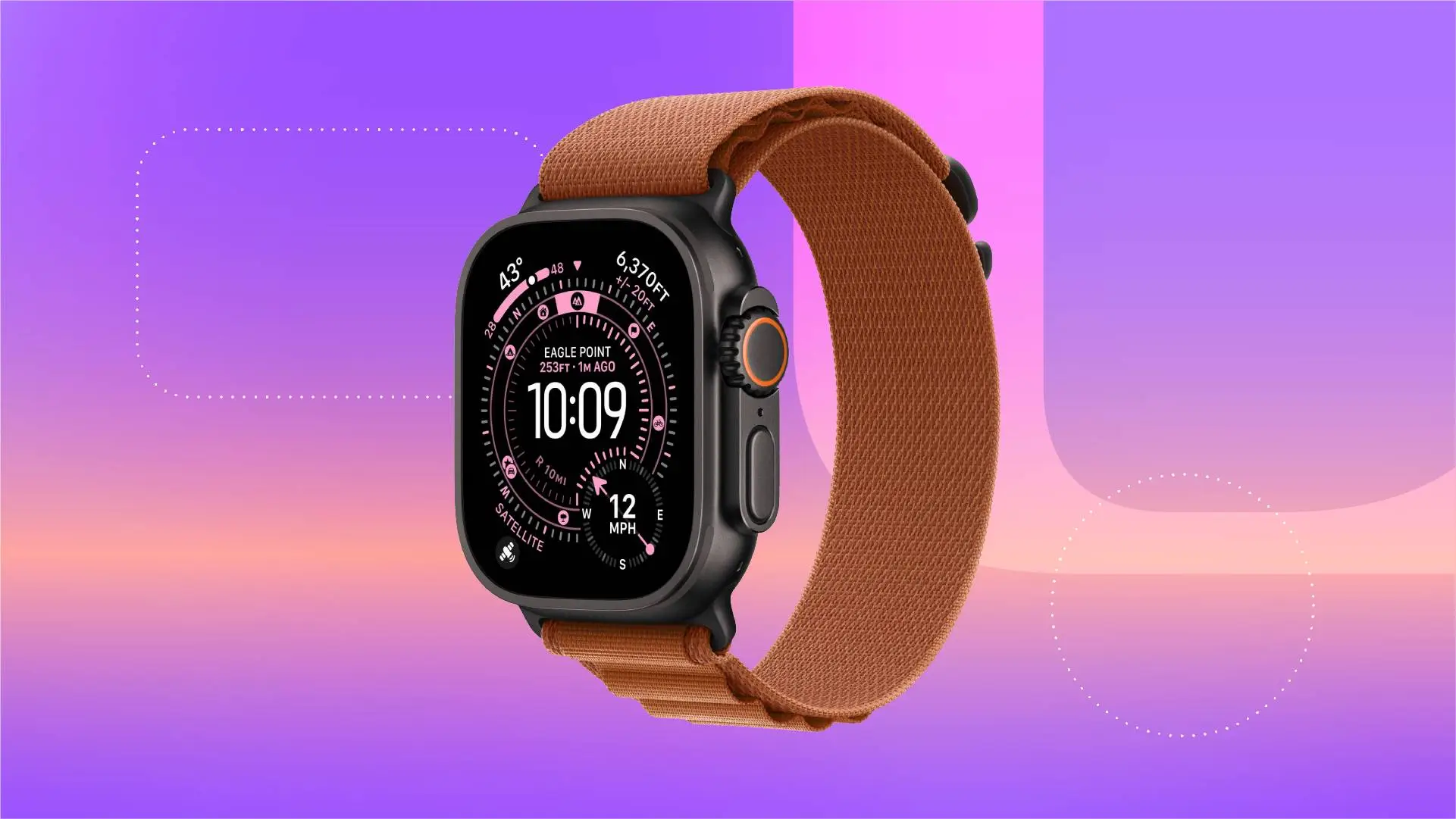 Черные смарт-часы Apple с коричневым ремешком на фоне фиолетового градиента от CNET.
