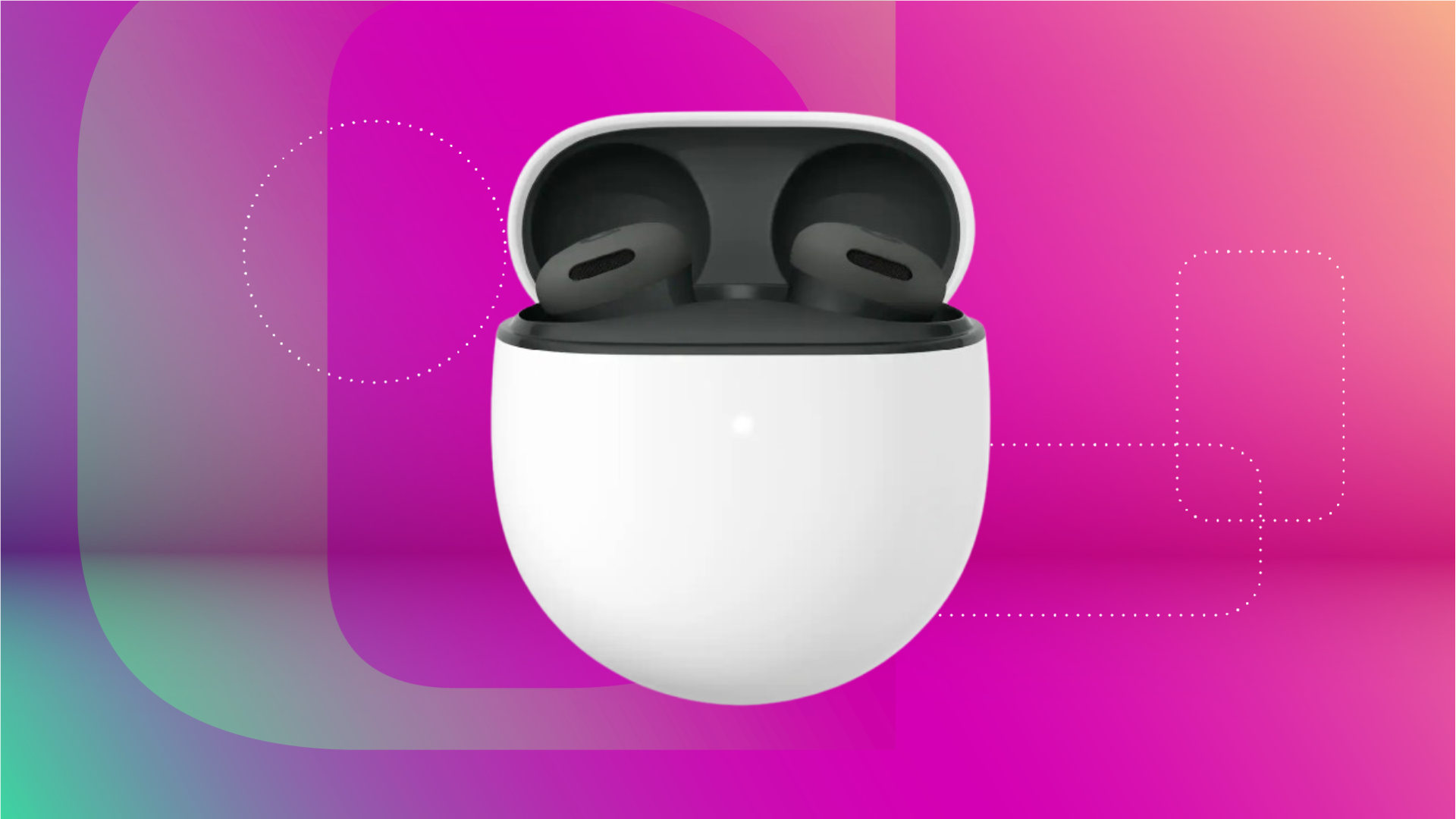Наушники Google Pixel Buds 2a в белом корпусе и с черными наушниками на зеленом и пурпурном фоне (CNET).