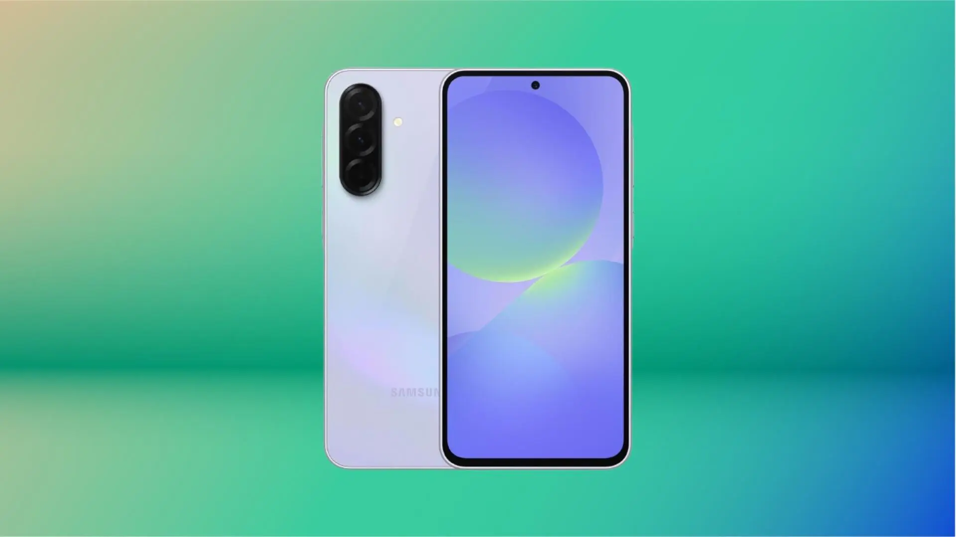 Смартфон Samsung Galaxy A36 на зелёном фоне.